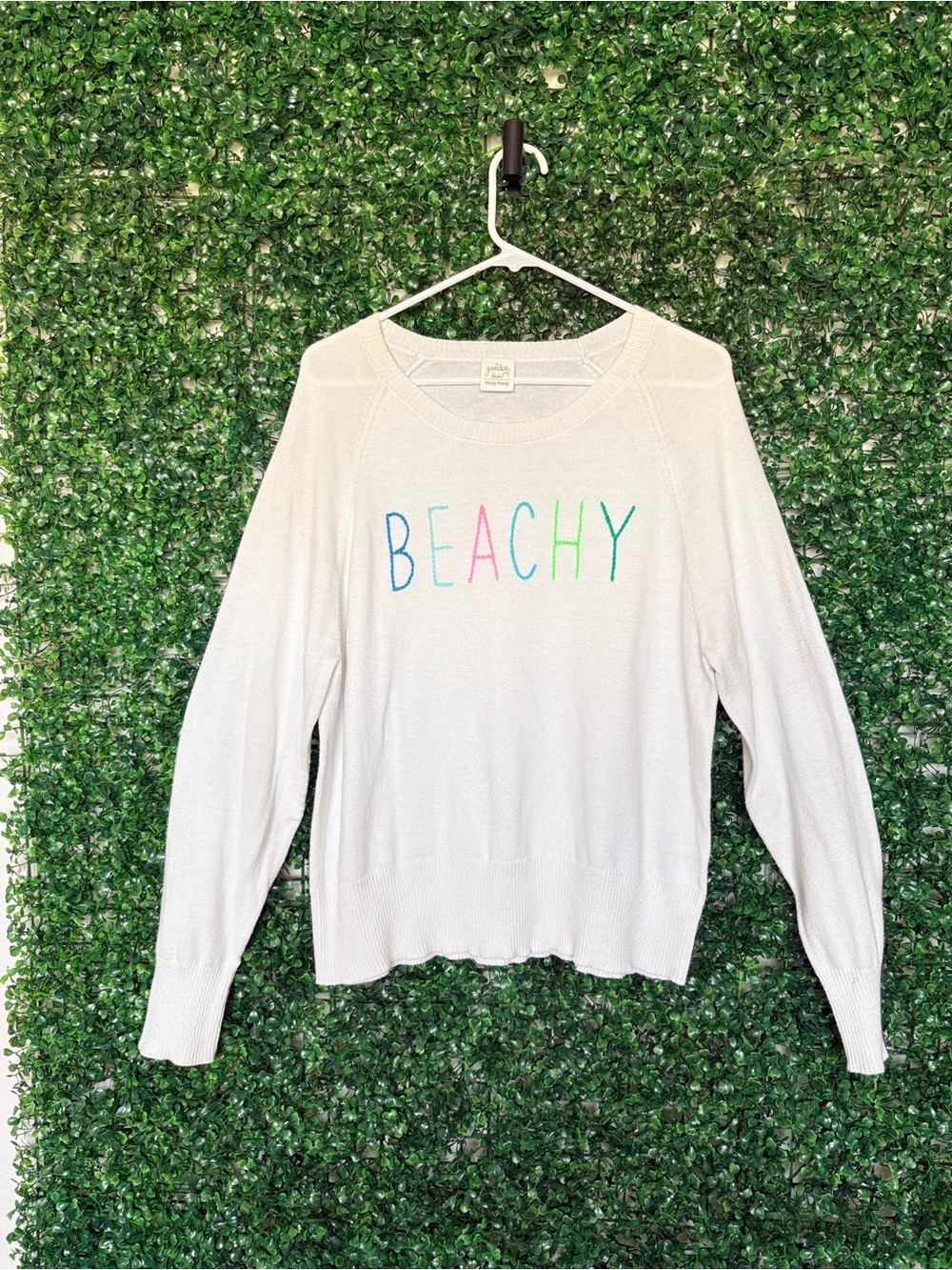Golden Sun Brand White Sweater with Colorful 'BEACHY' embroidered lettering